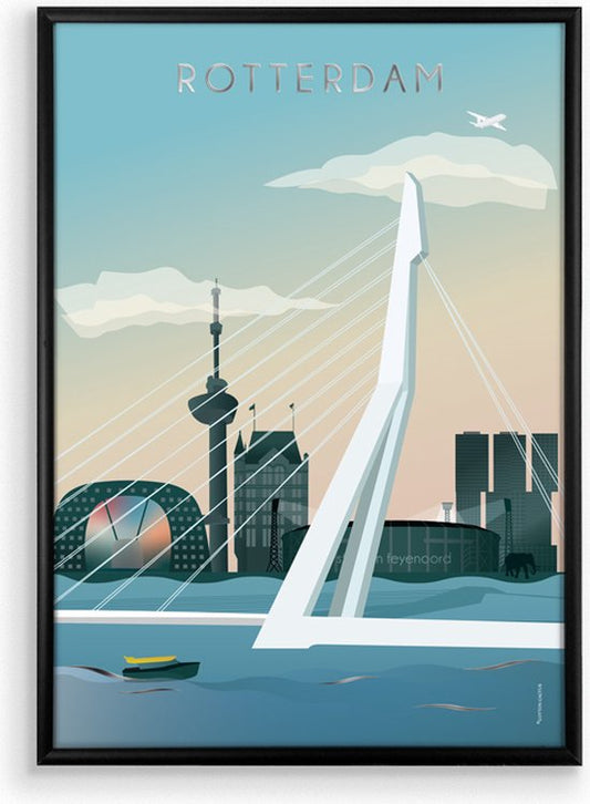 Glanzende Skyline Poster Rotterdam Incl. Zwarte Aluminium Fotolijst 21X30 CM